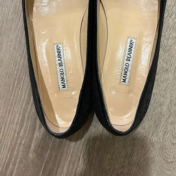 Manolo Blahnik Pointed Toe Ballet Flats Gray Wool Bow Trim Italy EU 38